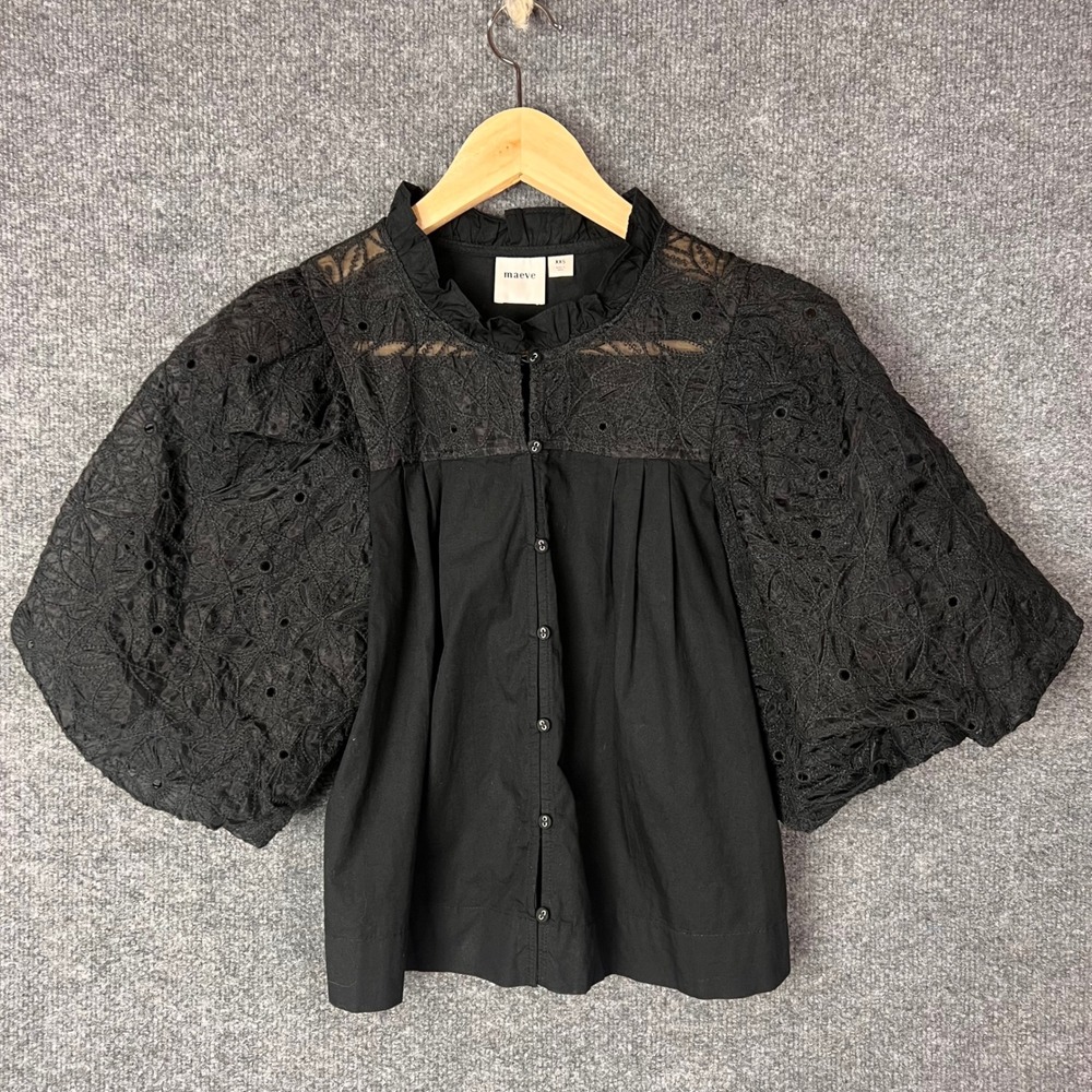 Maeve Puff Sleeve Blouse Womens XXS Black Eyelet Lace Button Front